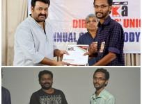 Liju Thomas receives award from Mohanlal and Saji Surendran