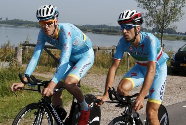 Tour de France Defending Champion Vincenzo Nibali (R) in a practice session in Utrecht ahead of the main race Tour de France 2015