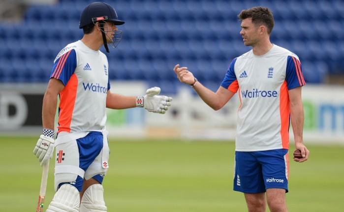 Alastair Cook (L) and James Anderson (R) during a net practice session at Cardiff. Alastair Cook-James Anderson