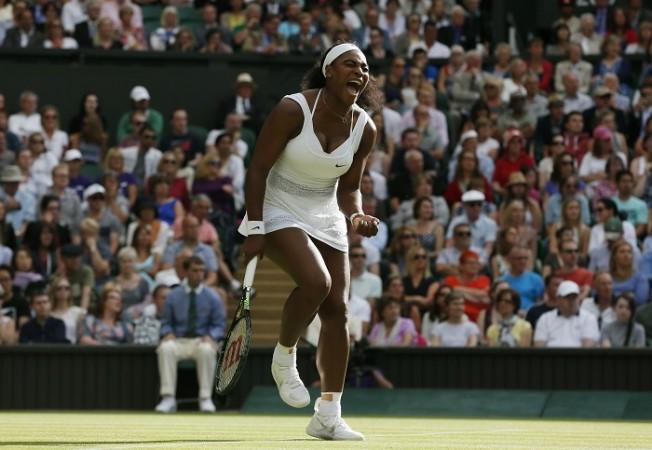 Serena Williams is pumped-up after winning a point against Victoria Azarenka in the Wimbledon 2015 quarterfinals Serena Williams Wimbledon 2015