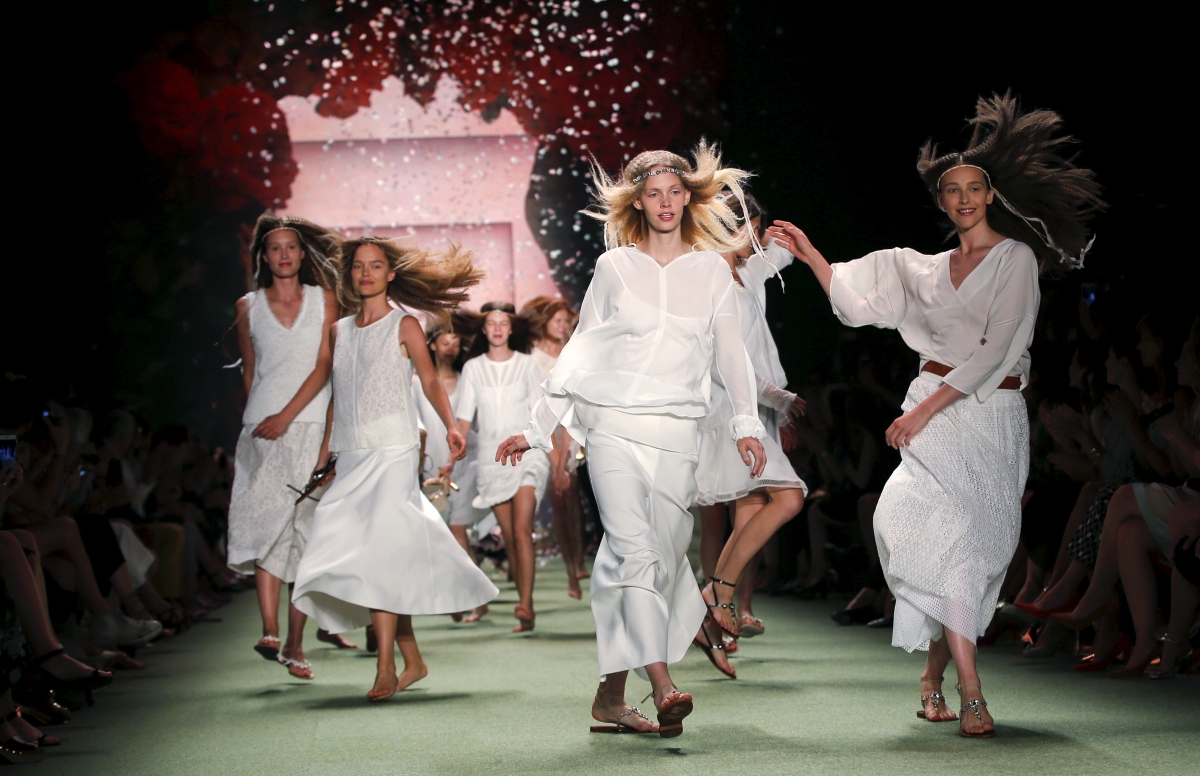 Models present a creation by fashion lable Marc Cain at Berlin Fashion Week Spring/Summer 2016. Models present a creation by fashion lable Marc Cain at Berlin Fashion Week Spring/Summer 2016