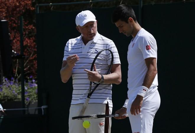 Boris Becker gives Novak Djokovic a few pointers ahead of the semifinal against Richard Gasquet at Wimbledon 2015 Boris Becker Novak Djokovic Wimbledon 2015