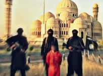 Isis militants near The Great Mosque in Mosul.