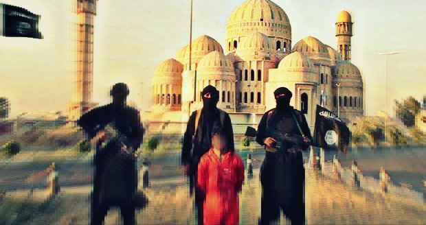 Isis militants near The Great Mosque in Mosul.
