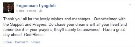 Eugene took to facebook to thank the fans... Eugene fb