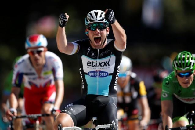 <span>Etixx</span>-Quick Step rider Mark Cavendish of Britain celebrates as he crosses the finish line in Stage 7 of <span>TDF</span> 2015 Cavendish TDF 2015