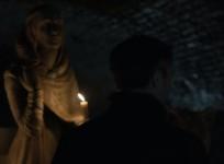 Sansa and Littlefinger in front of Lyanna Stark's statue in the Crypts