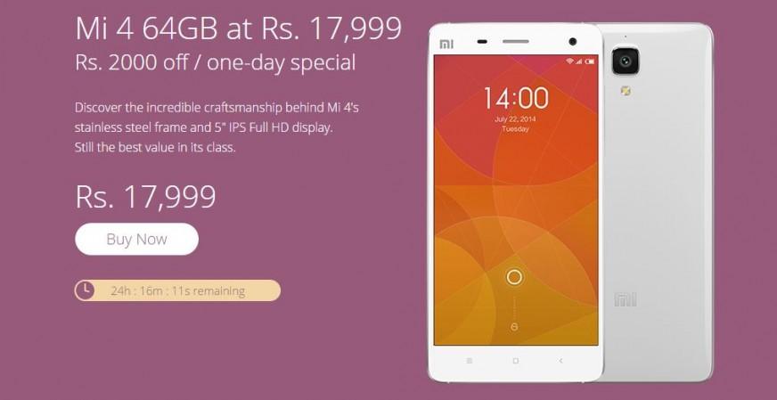 Xiaomi Mi4 Price Slashed in India, Available for Less Than ₹13,000 on Flipkart via Exchange Deal Xiaomi Mi4 Price Slashed in India, Available for Less Than ₹13,000 on Flipkart via Exchange Deal