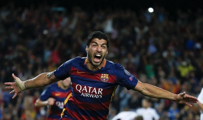 Barcelona forward Luis Suarez celebrates after scoring the winner against Bayer Leverkusen in their Champions League game Luis Suarez Barcelona