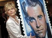 Jane Fonda with a design of the US commemorative postage stamp featuring father Henry Fonda