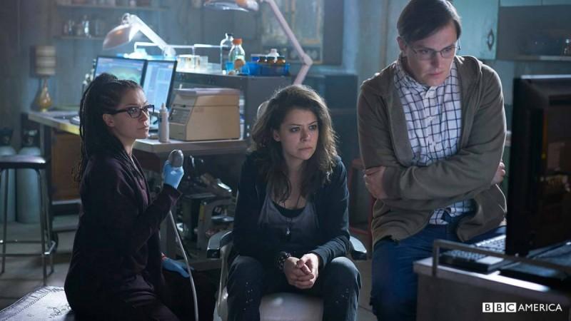 Cosima, Sarah and Scott from the promotional photos for "Orphan Black" Season 4