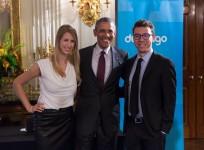 U.S. President Barack Obama (centre) meets Luis von Ahn (right) and Gina Gotthilf (left) of Duolingo, a language-learning app, during the White House Demo Day at the White House, Washington, D.C., Aug 4, 2015.