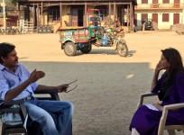 Pawan Kalyan talking to Anupama Chopra on the set of Sardaar Gabbar Singh in Hyderabad