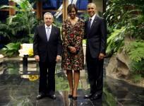 Cuban President Raul Castro greets U.S. President Barack Obama and first lady Michelle Obama
