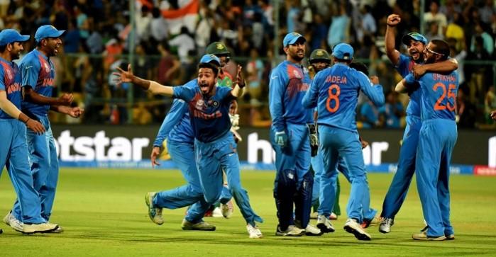 Indian players celebrate after beating Bangladesh by 1 run in the T20 World Cup in 2016. Hardik Pandya India Bangladesh World T20 2016