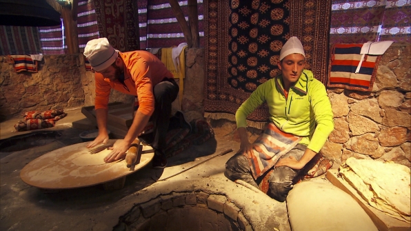 Brodie and Kurt making lavash bread as a task to receive next clue