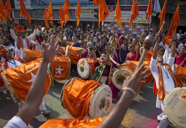 Gudi Padwa festival. Pictured: Maharashtrians dressed in traditional costumes celebrate the Gudi Padwa festival.