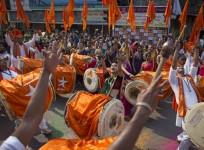 Gudi Padwa festival. Pictured: Maharashtrians dressed in traditional costumes celebrate the Gudi Padwa festival.