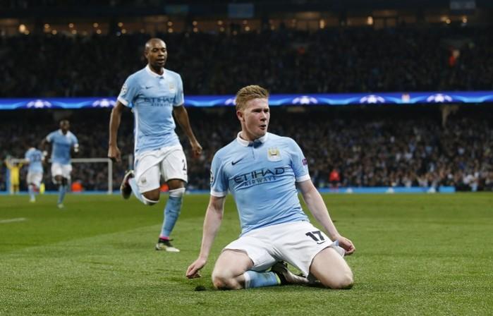 Manchester City playmaker Kevin De Bruyne celebrates after scoring the decisive goal against PSG in the Champions League quarterfinals Kevin De Bruyne Manchester City