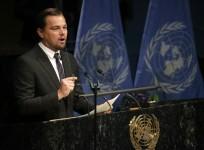 Leonardo DiCaprio delivers his remarks during the Paris Agreement on climate change held at the United Nations Headquarters on Apr. 22, 2016.