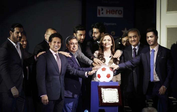 The first edition of the ISL started in 2014. Pictured: Club owners and representatives of sponsors and organisers take a pledge over a soccer ball replica during the emblem-unveiling ceremony of Indian Super League in Mumbai August 28, 2014. indian super league