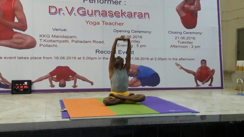 V Gunasekaran attempts to make the Longest Yoga Marathon (Male) record in Tamil Nadu.