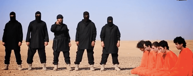 Syria: Video shows Isis militants beheading five people suspected of being spies, putting up their heads on metal pegs