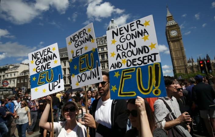 Demonstrators march through London, protesting against Brexit