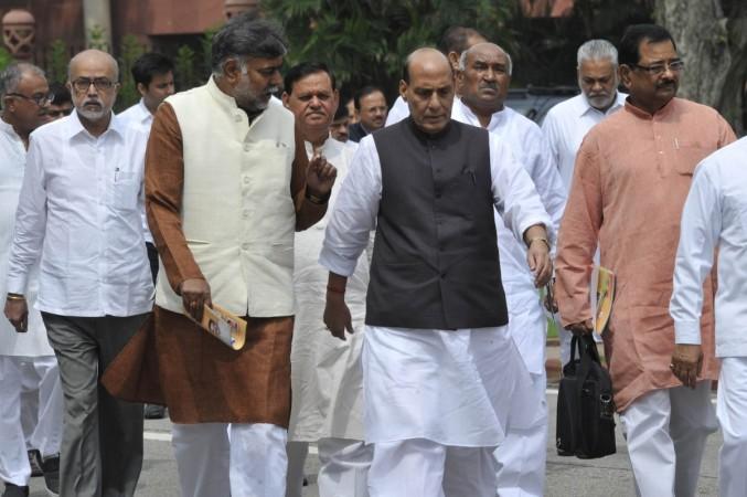 Union Home Minister Rajnath Singh comes out after BJP parliamentary party meeting at Parliament in New Delhi, on Aug. 2, 2016