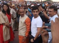 Union Sports Minister Vijay Goel with Indian cricketer Gautam Gambhir, athlete Anju Bobby George, weightlifter Karnam Malleswari at the inauguration of an exhibition ahead of Rio 2016 Olympics at Central Park in New Delhi on Aug. 5, 2016.