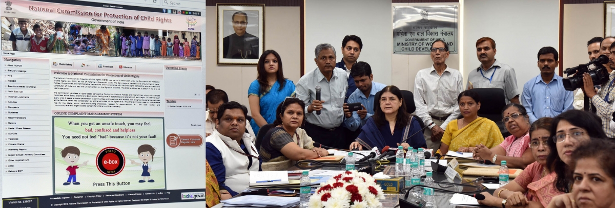a composite photo shows Union Minister for Women and Child Development Maneka Gandhi launching the POCSO e-box in New Delhi on Aug. 26, 2016. Minister of State for Women and Child Development, Krishna Raj, Ministry Secretary Leena Nair and other dignitari