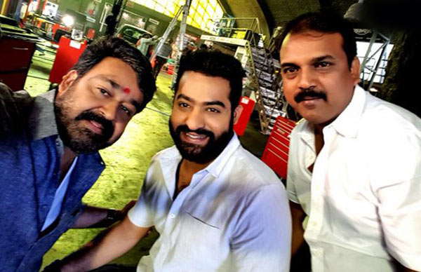 Mohanla, Koratala Siva and Junior NTR on Janatha Garage set