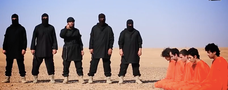 A screenshot from the video shows the five &quot;spies&quot; being made to kneel before they are being executed, as one of the captors speaks.