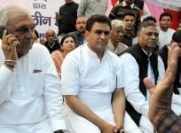 Congress leaders including Bhupinder Singh Hooda sit on an indefinite fast to press for social harmony in Haryana, at Jantar Mantar in New Delhi on Feb. 21, 2016.