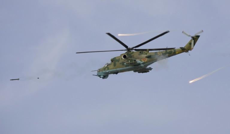 Afghanistan received its fourth MI-24/25 attack helicopters from India. In Picture: An MI-24 attack helicopter fires a rocket and releases flares during a joint Kazakh-Russian military exercise at Otar military range, some 150km (93 miles) west of Almaty, October 3, 2008. Taliban warn India