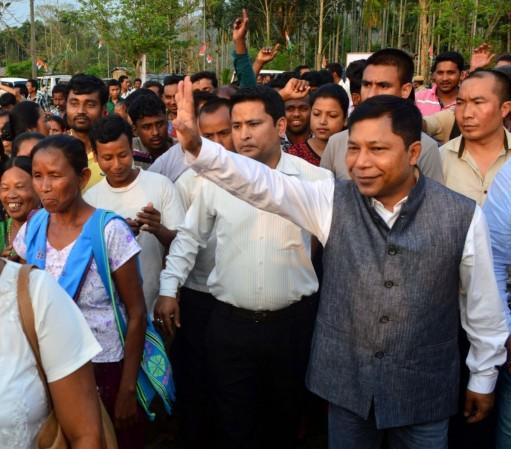 Pictured: Meghalaya Chief Minister Mukul Sangma arrives to address a rally in Kamrup district of Assam on April 6, 2016. Mukul Sangma