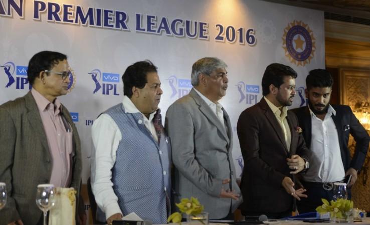 Former BCCI president Shashank Manohar, Indian Premier League (IPL) chairman Rajiv Shukla and current BCCI president Anurag Thakur during a press conference in New Delhi BCCI