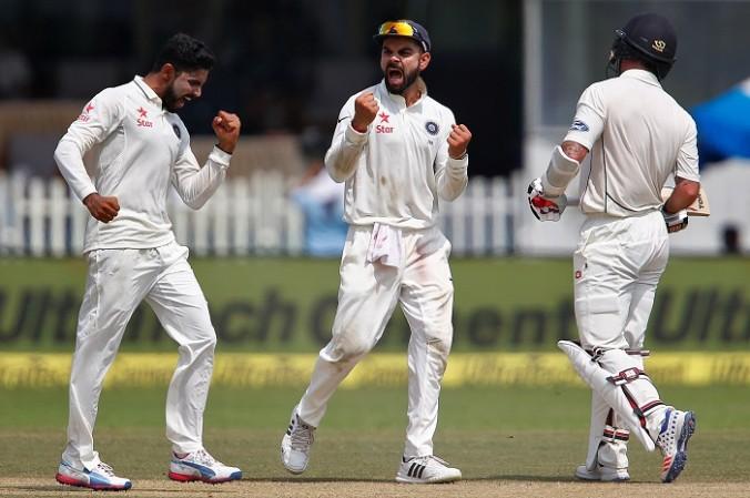 Virat Kohli will hope that his players can deliver the goods in the Test series against England. Ravindra Jadeja Virat Kohli India Luke Ronchi New Zealand