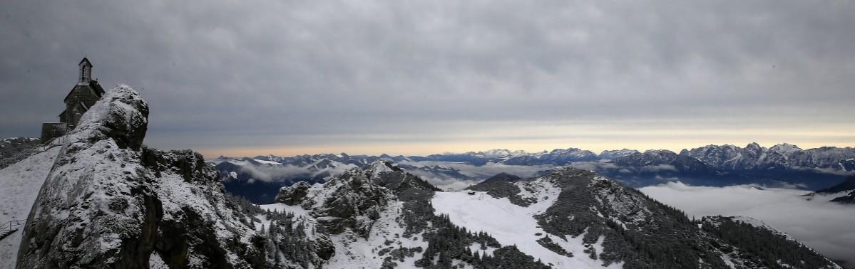 A general view from top of the 1838 metres (6030 feet) high Wendelstein mountain shows the Alps and surrounding mountains. The Alps