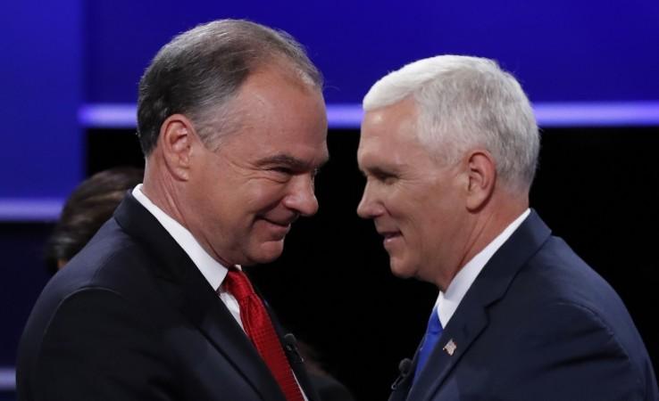 Democratic U.S. vice presidential nominee Senator Tim Kaine (L) and Republican U.S. vice presidential nominee Governor Mike Pence