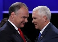 Democratic U.S. vice presidential nominee Senator Tim Kaine (L) and Republican U.S. vice presidential nominee Governor Mike Pence