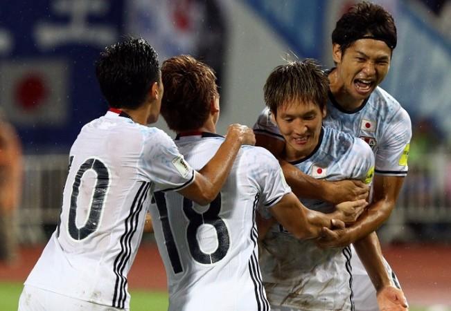 Japan players celebrate a goal in their World Cup qualifier against Thailand, September 6, 2016 Japan World Cup qualifiers