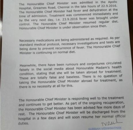 Apollo Hospitals' statement on Jayalalithaa's health Apollo Hospitals' statement on Jayalalithaa's health