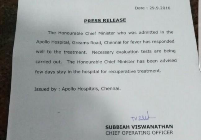 Apollo Hospitals' statement on Jayalalithaa's health Apollo Hospitals' statement on Jayalalithaa's health
