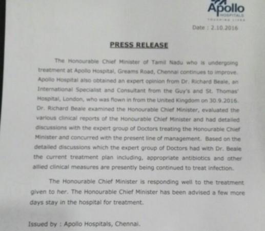 Apollo Hospitals' statement on Jayalalithaa's health Apollo Hospitals' statement on Jayalalithaa's health