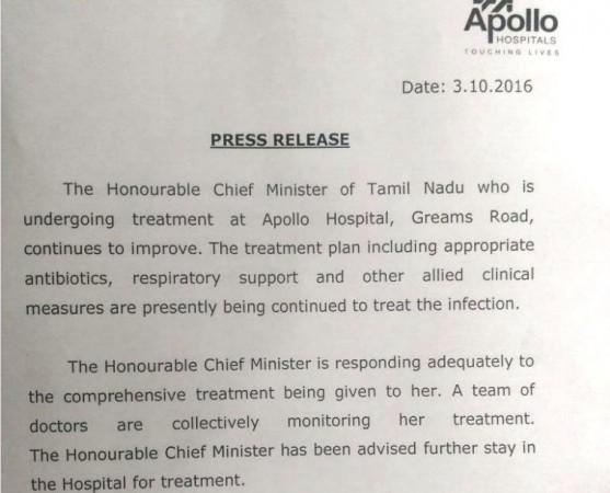 Apollo Hospitals' statement on Jayalalithaa's health Apollo Hospitals' statement on Jayalalithaa's health