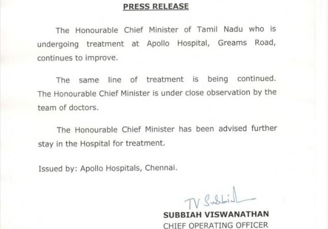 Apollo Hospitals' statement on Jayalalithaa's health Apollo Hospitals' statement on Jayalalithaa's health