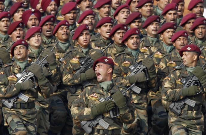 Special Forces unit of the Indian Army is expected to train with their Sri Lankan coutnerparts as part of joint military exercise, Mithra Shakthi. In Picture: Indian Special Forces commando G. D. Singh shouts as he leads his battalion during the Republic Day parade in New Delhi 26 January 2012. Indian Special Forces
