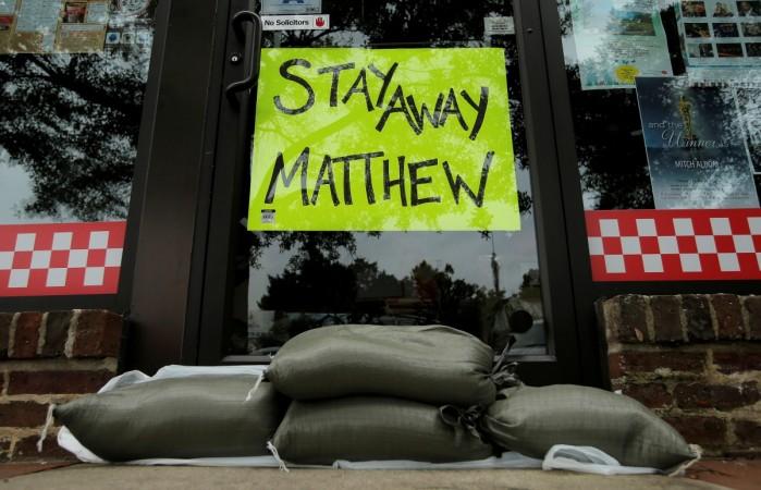 Sandbags are seen in front of a business ahead of Hurricane Matthew in Georgetown, South Carolina October 6, 2016. Hurricane Matthew