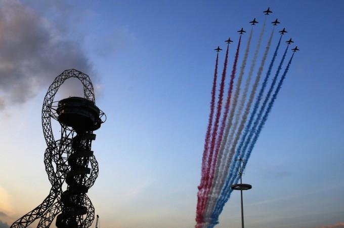 Red Arrows of RAF are performing at the Indian Air Force Day celebrations on 8 October. In Picture: The Red Arrows fly past the ArcelorMittal Orbit at the opening ceremony of the Invictus Games at the Queen Elizabeth Park in east London 10 September 2014. Red Arrows of RAF